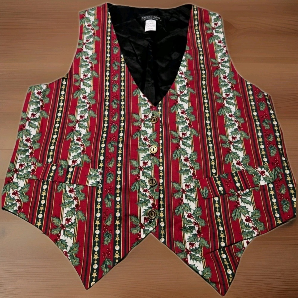 Vintage Christmas Vest Saddle River USA Holly Stripe Holiday Tie Back Unisex M‎